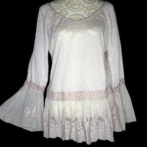 Italian Lace Netting Boho Peplum Knit Top Blouse Pale Pink M? bv